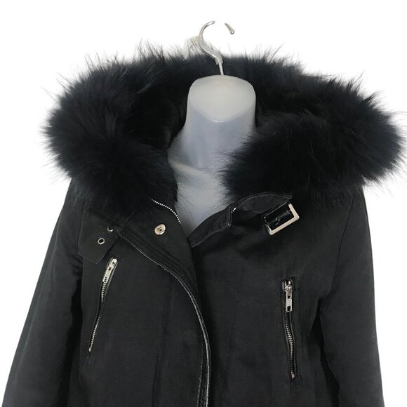 Maje Black Fur trimmed Hood & Faux Fur Lining Coat With Silver Zippers Size S - Picture 3 of 8